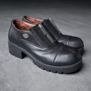 Harley Davidson Womens Black Leather Front Zip Platform Chunky Heel Shoes 10 Y2K